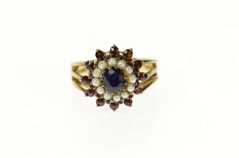 14K Yellow Gold Sapphire Pearl Garnet Halo Victorian Cocktail Ring