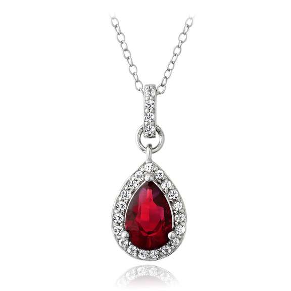 Sterling Silver Created Ruby & White Sapphire Teardrop Necklace