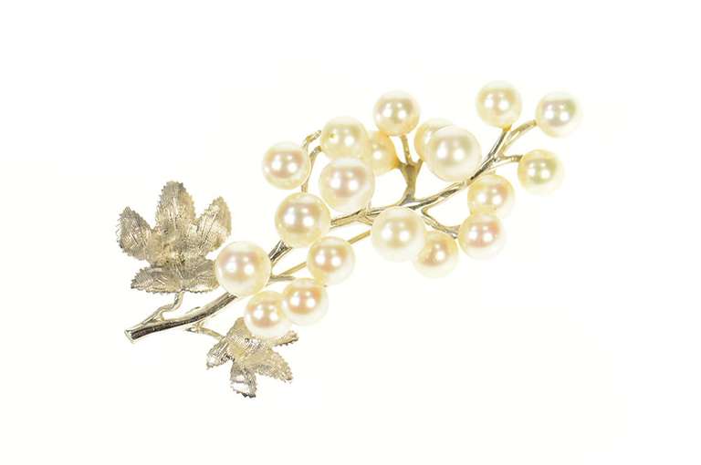 14K White Gold Pearl Branch Cluster Natural Motif Statement Pin/Brooch