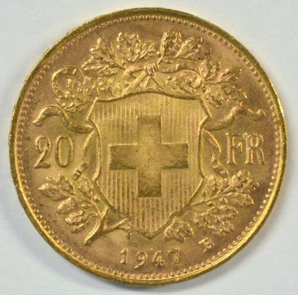 Superb Gem BU 1947-B Swiss 20 Francs Gold Piece.