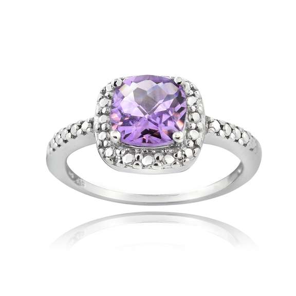 Sterling Silver Amethyst & Diamond Accent Square Ring