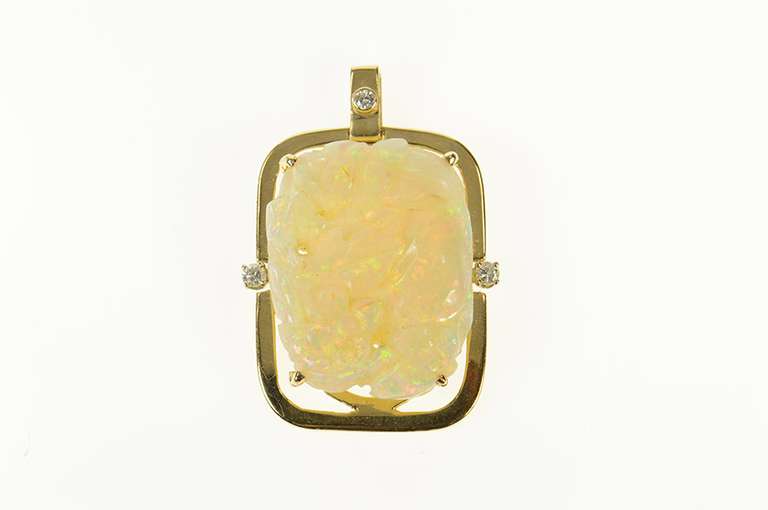 14K Yellow Gold Natural Opal Carved Floral Diamond Accent Pendant