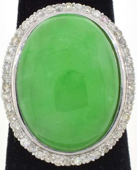 Terrific Massive 18.69CTS Jadeite & Diamond Ring in Sterling Silver