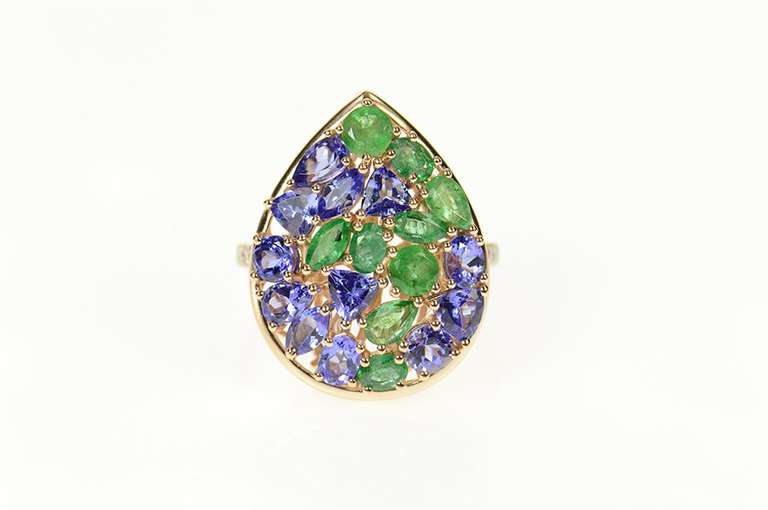 14K Rose Gold Natural Emerald & Tanzanite Cluster Cocktail Ring