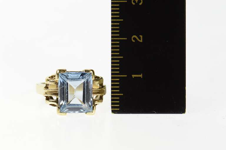 10K Yellow Gold Blue Topaz Solitaire 1940's Statement Ring