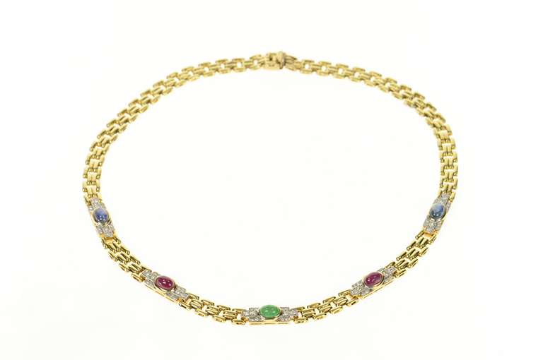 14K Yellow Gold Emerald Ruby Sapphire Diamond Square Chain Necklace