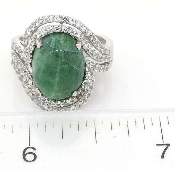 Hypnotic 6.75CTS Cabochon Cut Natural Emerald & White Sapphire Ring in Sterling Silver