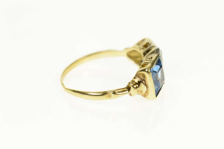 14K Yellow Gold 1940's Blue Topaz Diamond Squared Statement Ring