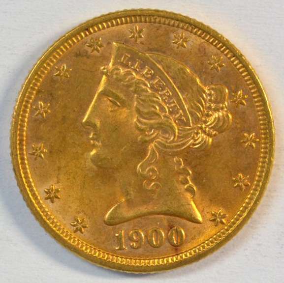 Richly colored BU 1900 US $5 Liberty Gold Piece. Nice