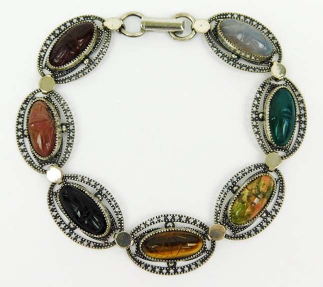 Vintage Beau Sterling Filigree & Scarab Agates Bracelet