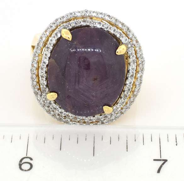 Amazing Huge 34.58CTS Cabochon Cut Natural Star Ruby & White Sapphire Ring in Vermeil
