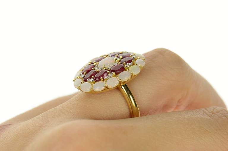 18K Yellow Gold Opal Ruby Diamond Halo Cocktail Statement Ring