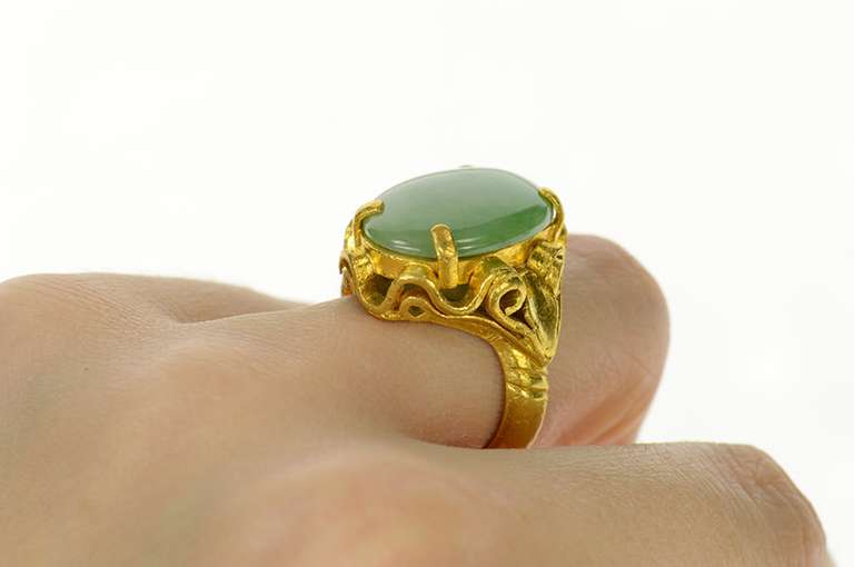 24K Yellow Gold Jade Ornate Scrollwork Design Statement Ring