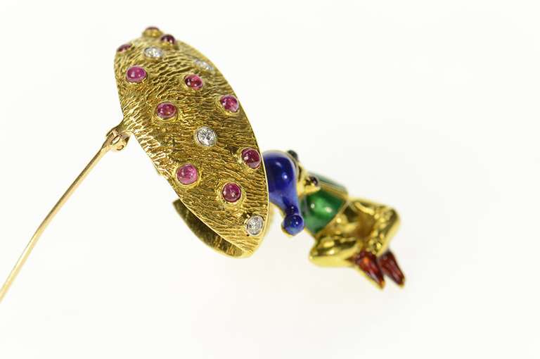 18K Yellow Gold Ruby Diamond Sprite Enamel Mushroom Pin/Brooch