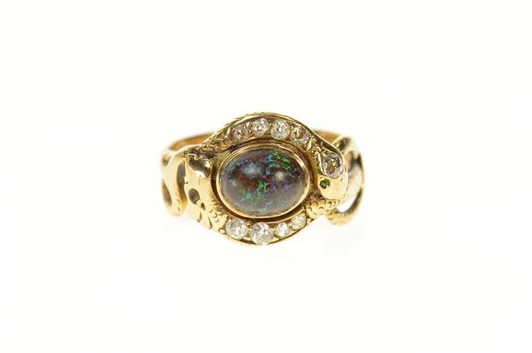 14K Yellow Gold Victorian Boulder Opal Diamond Snake Serpent Ring