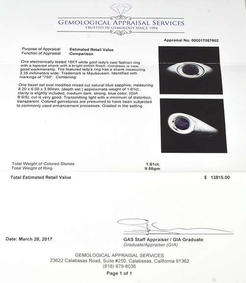 Hefty 1.61CT Sapphire Mauboussin Ring in 18KT White Gold
