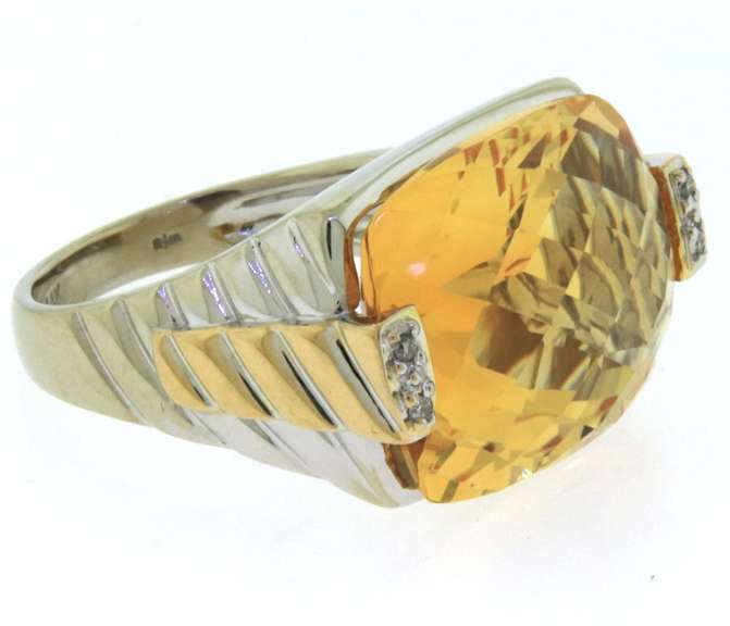 Majestic White Gold Cushion Cut Citrine and Diamond Ring