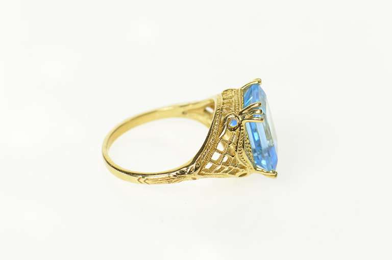 14K Yellow Gold Emerald Cut Blue Topaz Filigree Cocktail Ring