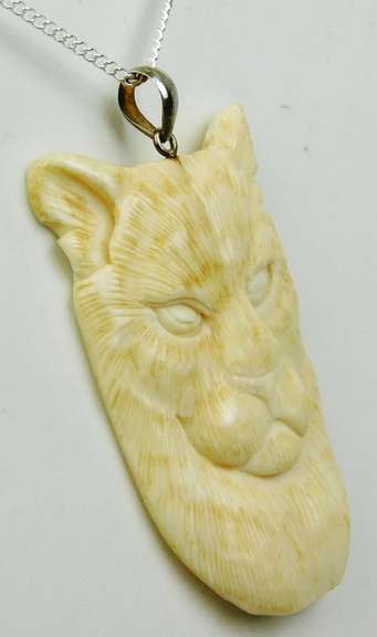 Hand Carved Bone Cougar Tiger Pendant & Sterling Chain