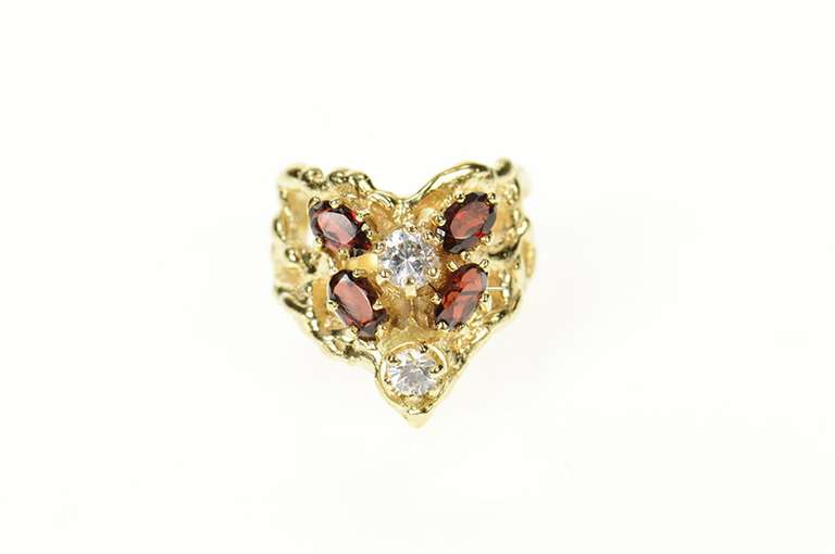 14K Yellow Gold Retro Chevron Textured Garnet CZ Statement Ring