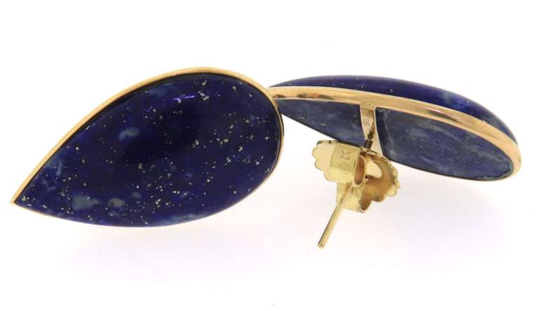 Beautiful Yellow Gold Bezel Pear Lapis Earrings