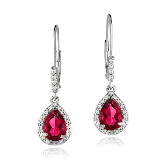 Sterling Silver 3.1ct Created Ruby & Diamond Accent Teardrop Leverback Earrings