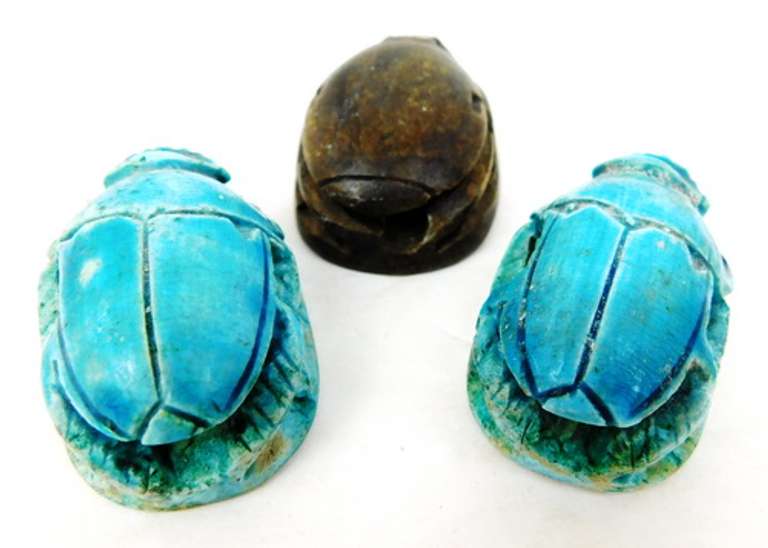 3 Vintage Egyptian Carved Stone Scarab Ink Stamps