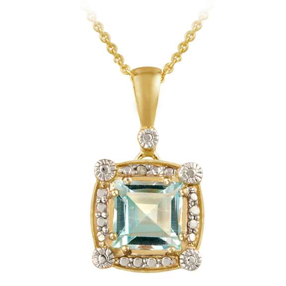 18K Gold over Sterling Silver 3.35ct Blue Topaz & Diamond Accent Square Pendant