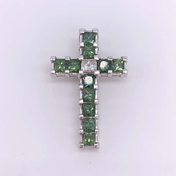 14kt Gold, Green Sapphire, & Diamond Cross Pendant