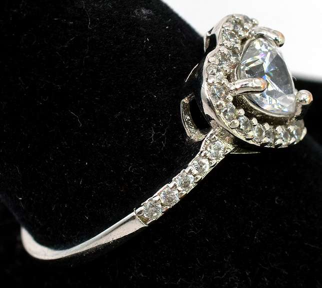 Cute Heart CZ Halo Ring in Sterling Silver