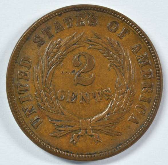 Brown Unc 1865 Two Cent Piece. Fully struck