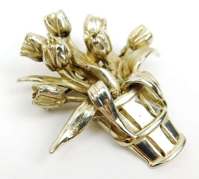 Signed Heavy Sterling Silver Tulip Brooch