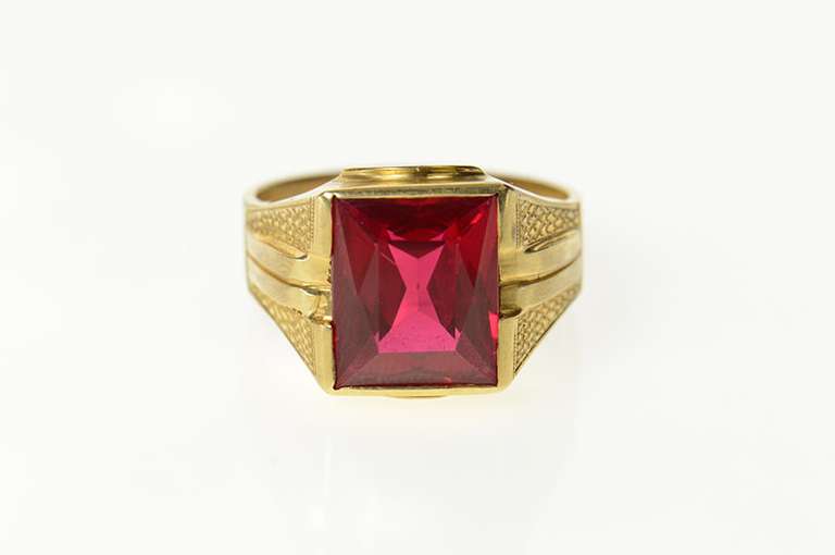 14K Yellow Gold Classic 1940's Syn. Ruby Squared Men's Ring