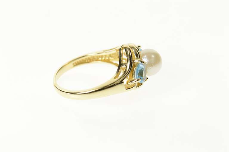 14K Yellow Gold Pearl Blue Topaz Accent Statement Wavy Ring