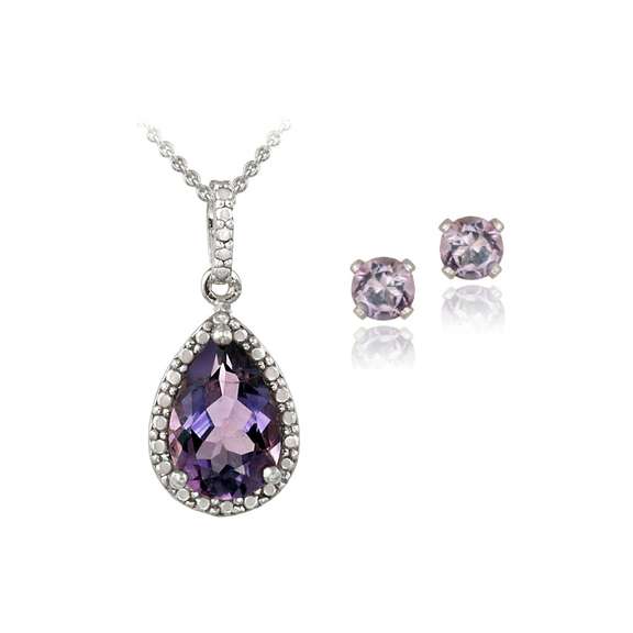 Sterling Silver 3.25ct Amethyst & Diamond Accent Teardrop Necklace Earrings Set