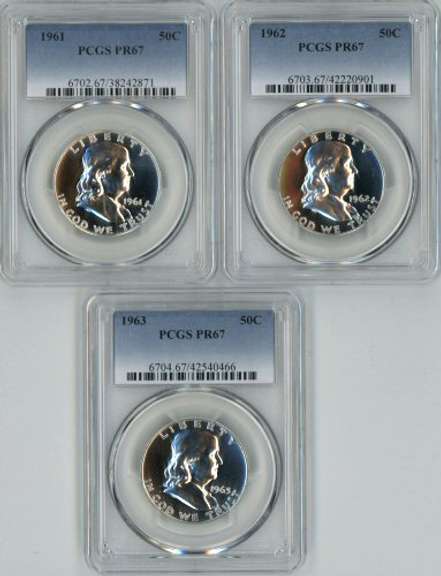 Superb PCGS PR67 graded 1961, 62, & 63 Franklin Half Dollars