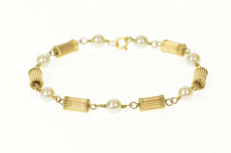 14K Yellow Gold Retro Pearl Grooved Pillar Link Chain Bracelet