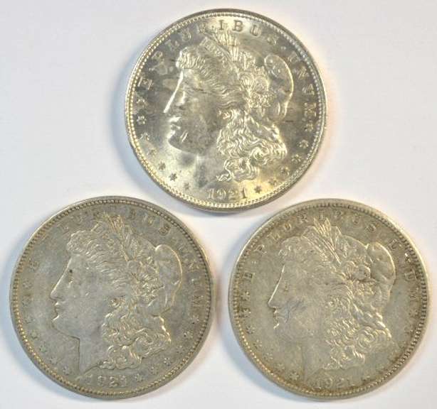 Very nice 1921 P-D-S Morgan Silver Dollars. Last year issue