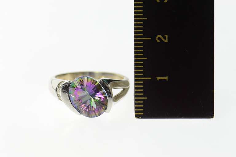 14K White Gold Oval Mystic Topaz Diamond Statement Ring