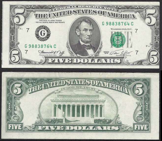 $5 1974 FRN Faulty Alignment Error Face Extremely Fine