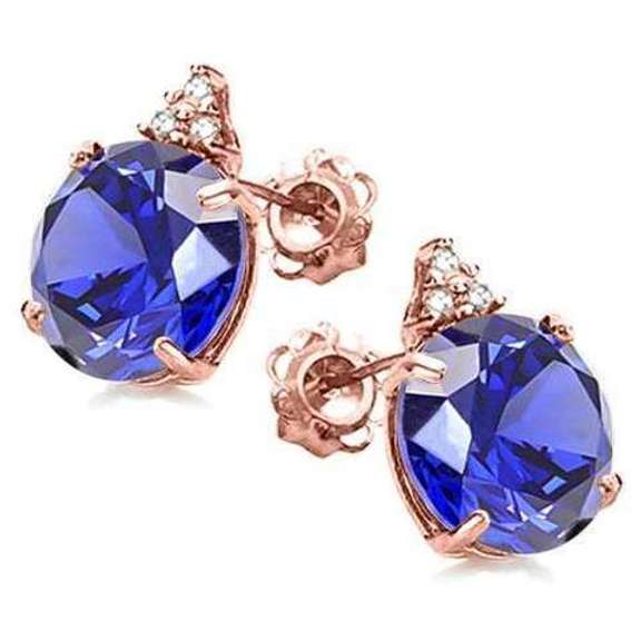 100% SOLID 10KR ROSE GOLD ROUND SHAPE CREATED TANZANITE AND 6 DIAMONDS EARRINGS STUD