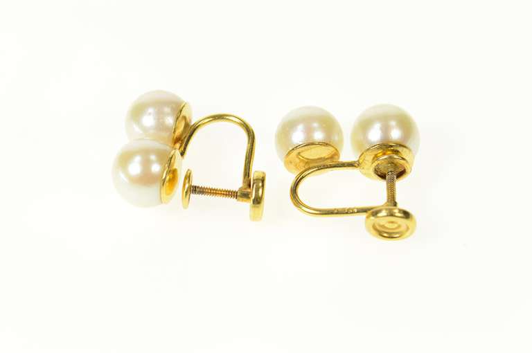 14K Yellow Gold Classic Two Pearl Screw Back Statement Earrings