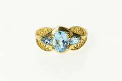 14K Yellow Gold Ornate Three Stone Blue Topaz Statement Ring
