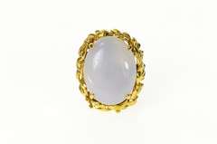 14K Yellow Gold Oval Lavender Agate Cabochon Leaf Trim Ring