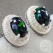 GENUINE ETHIOPIAN BLACK OPAL & CREATED WHITE SAPPHIRE STERLING SILVER EARRINGS