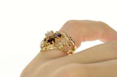 14K Yellow Gold Retro Chevron Textured Garnet CZ Statement Ring