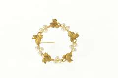 14K Yellow Gold Retro Classic Pearl Cluster Leaf Round Pin/Brooch