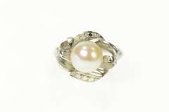 10K White Gold Retro Pearl Curvy Swirl Ornate Statement Ring