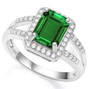 STERLING SILVER OCTAGON CUT 6*8MM CREATED EMRALD & CREATED DIAMOND WOMEN RING