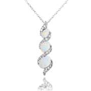 925 Silver Simulated White Opal & White Topaz Oval S Design Three-Stone Necklace